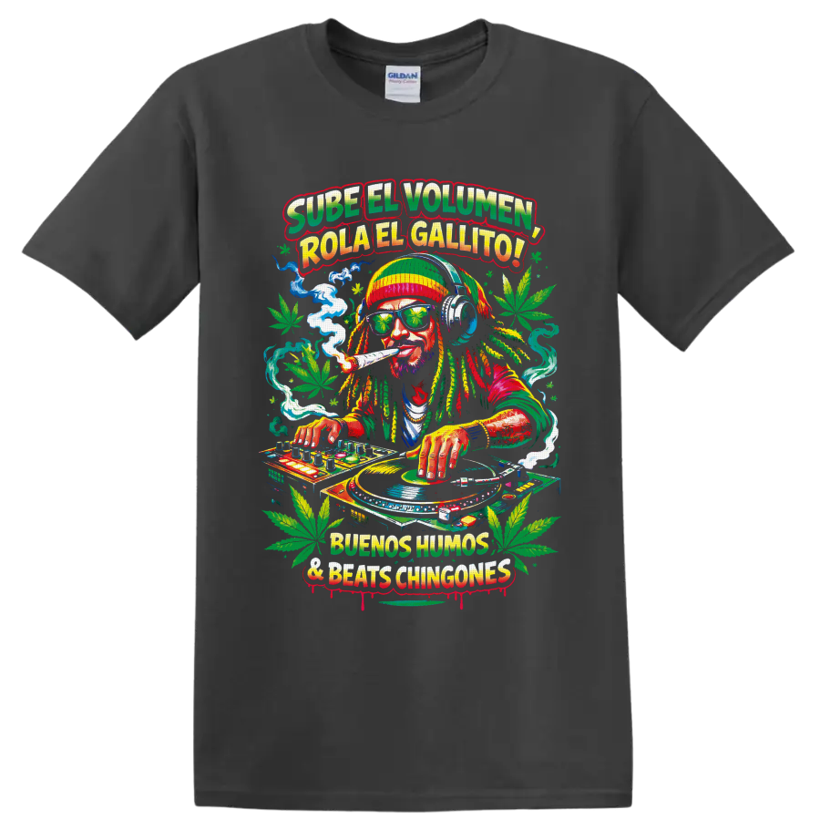 Cannabis DJ with turntables, headphones, smoke, leaves, and Spanish reggae-style text on a Charcoal T Shirt
