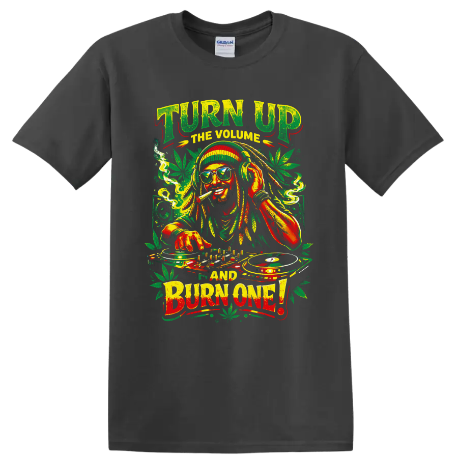Cannabis DJ with turntables, headphones, leaves, and Turn Up the Volume Burn One text on a Charcoal T Shirt