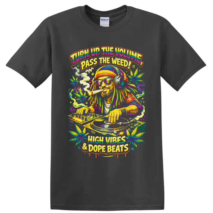 Psychedelic cannabis DJ at turntables with leaves and High Vibes & Dope Beats text on a Charcoal T Shirt