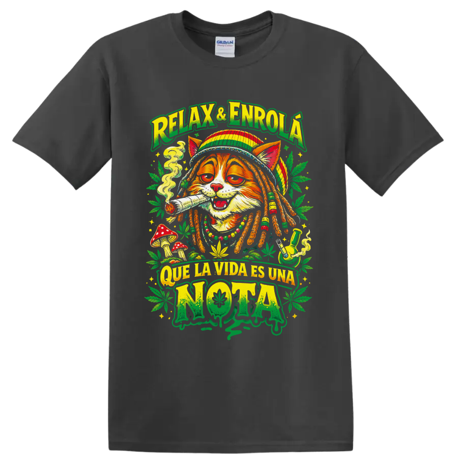 Rasta cat cannabis graphic with smoke, mushrooms, leaves, and Que La Vida Es Una Nota text on a Charcoal T Shirt