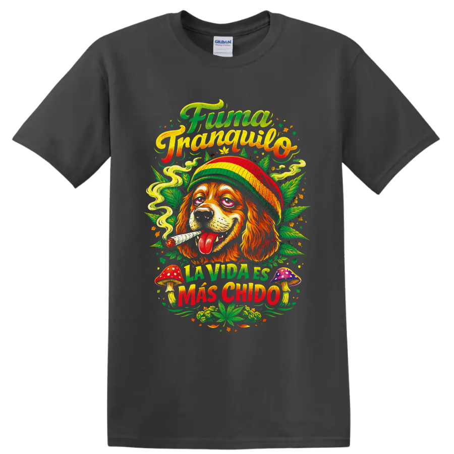 Psychedelic cannabis dog in striped hat with mushrooms and Fuma Tranquilo lettering on a Charcoal T Shirt