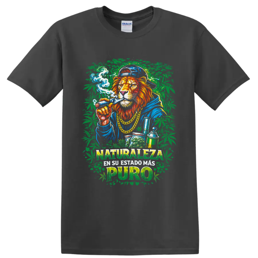 Street-art lion with cannabis leaves and Naturaleza en su estado mas puro text on a Charcoal T Shirt