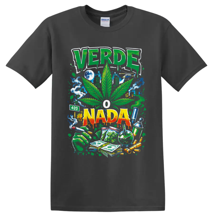 VERDE O NADA cannabis leaf street-art graphic with smoke, skyline, cash and 420 sign on a Charcoal T Shirt