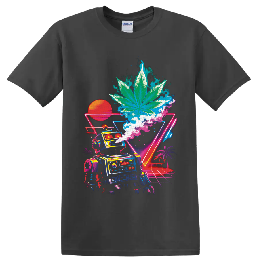Neon vaporwave robot beneath a giant cannabis leaf with sunset, palms, and grid on a Charcoal T Shirt