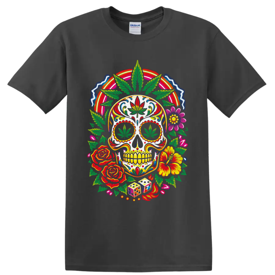 Psychedelic cannabis sugar skull with flowers, dice, flames, and rainbow arch on a Charcoal T Shirt