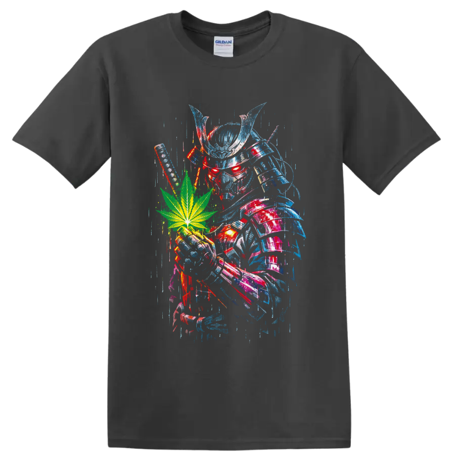 Cyber rabbit skull with green cannabis leaf in distressed blue and red glitch art on a Charcoal T Shirt