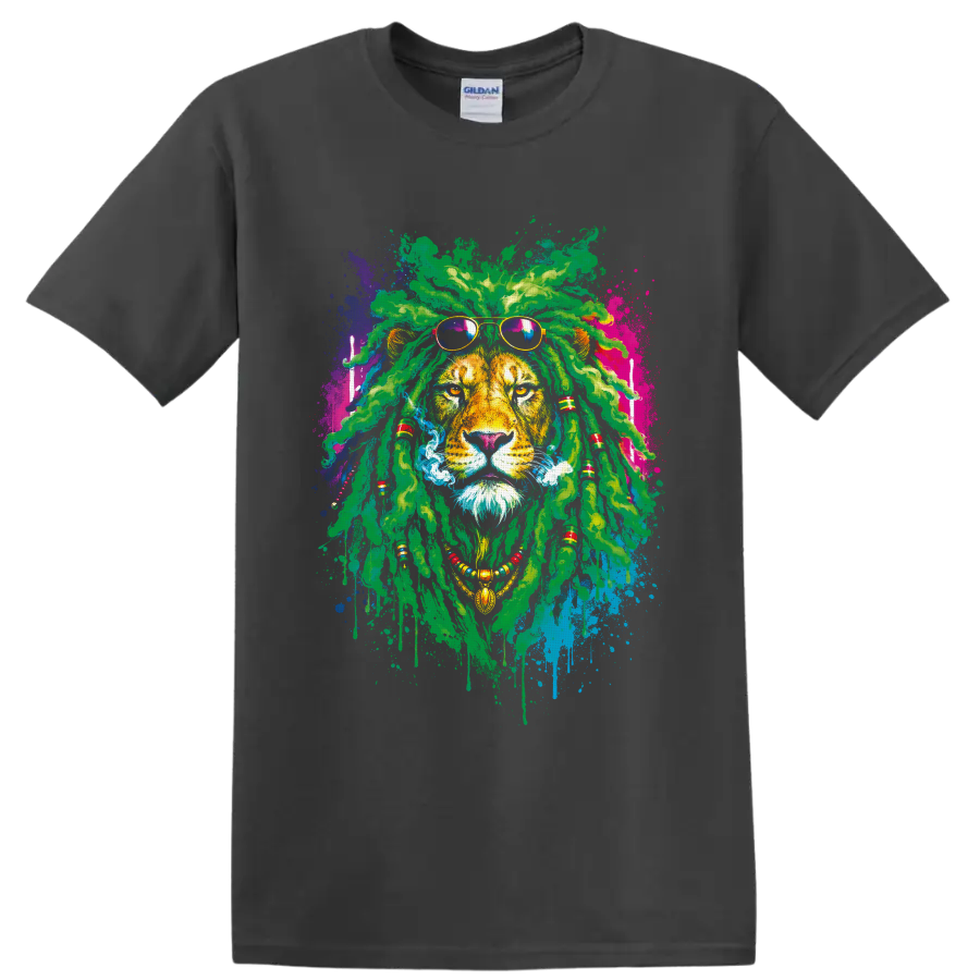 Rasta lion portrait with green dreadlocks, sunglasses, beads, smoke, and paint splashes on a Charcoal T Shirt