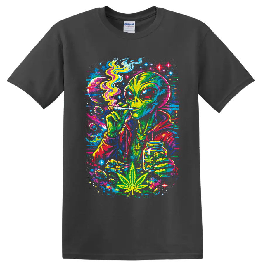 Psychedelic cannabis alien holding a smoking roll and cannabis jar in neon cosmic art on a Charcoal T Shirt