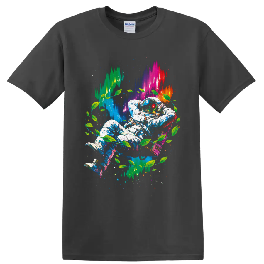 Psychedelic astronaut with green leaves, neon cosmic light, stars, and pixel bursts on a Charcoal T Shirt