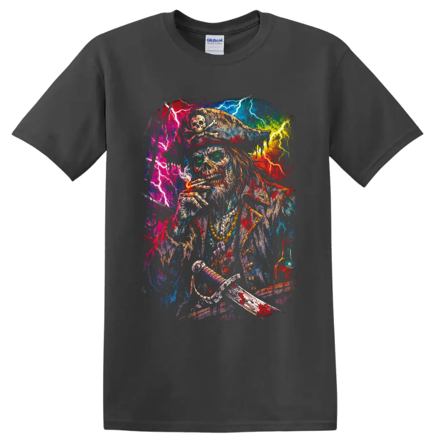 Psychedelic cannabis pirate skeleton with lightning, crossed swords, and bottle on a Charcoal T Shirt