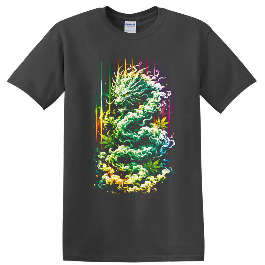 Psychedelic cannabis smoke dragon with leaves and neon light streaks on a Charcoal T Shirt