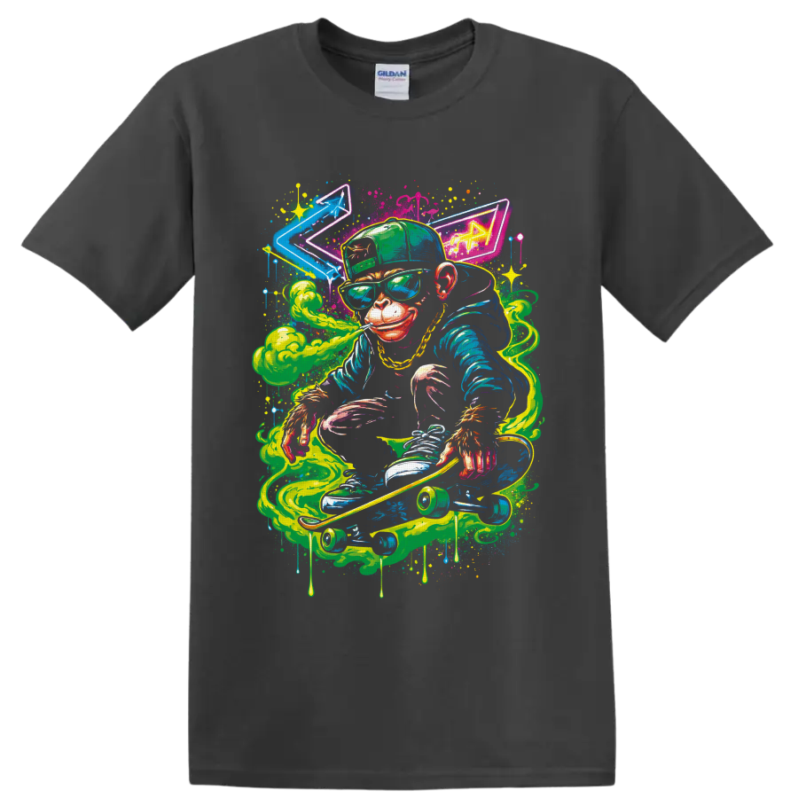 Neon graffiti-style monkey skateboarder with cannabis leaf cap, green smoke, and paint on a Charcoal T Shirt