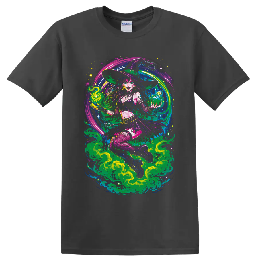 Psychedelic cannabis witch holding green potion orb amid swirling smoke and stars on a Charcoal T Shirt