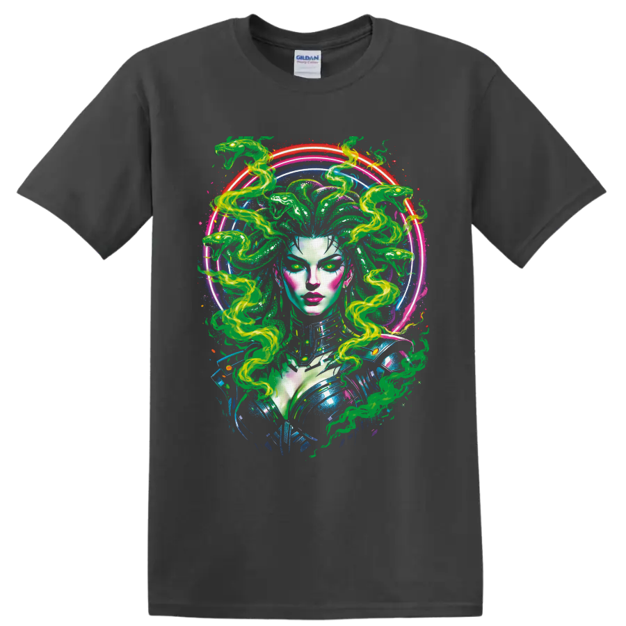 Psychedelic Medusa portrait with green serpent hair and glowing neon rings on a Charcoal T Shirt