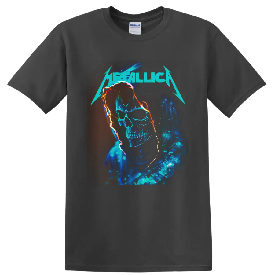 Metallica logo above a neon blue hooded skull with fiery orange outlines on a Charcoal T Shirt