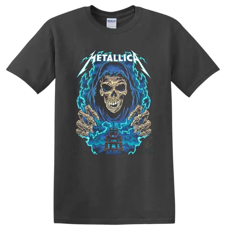 Metallica logo with hooded skull, skeletal hands, electric chair, and lightning graphic on a Charcoal T Shirt