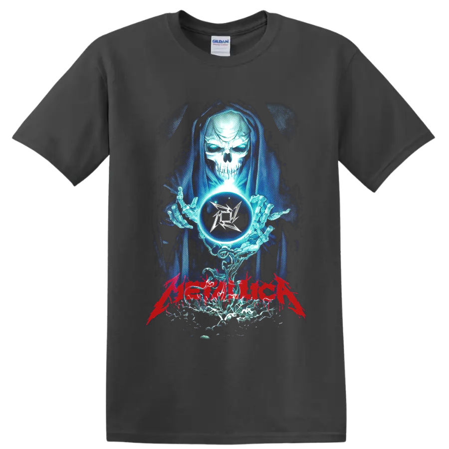Metallica reaper with crystal ball, blue energy, and red band lettering on a Charcoal T Shirt