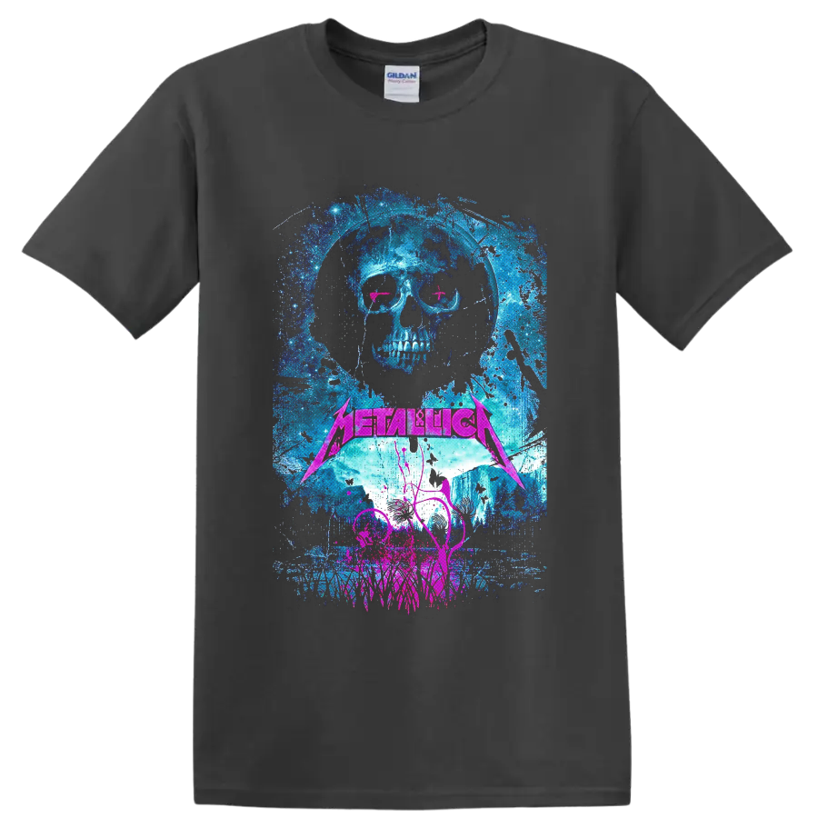 Distressed Metallica skull graphic with neon pink eyes, blue splatter, and pink logo on a Charcoal T Shirt