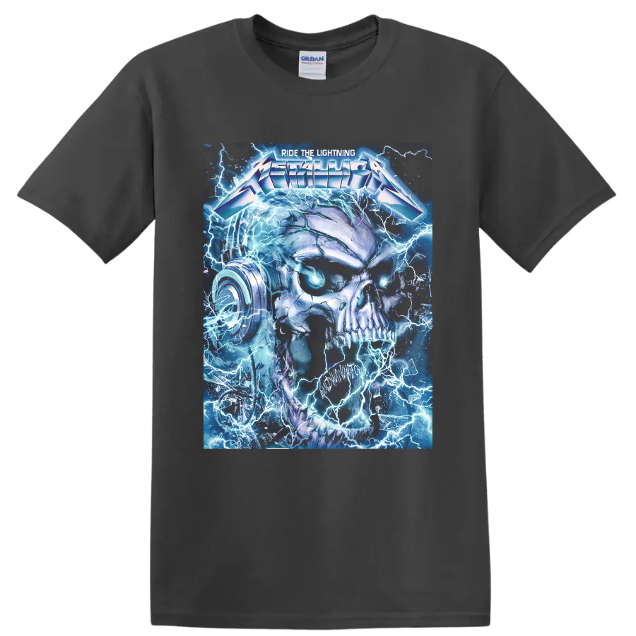 Metallica Ride the Lightning skull with blue lightning and glowing eyes on a Charcoal T Shirt