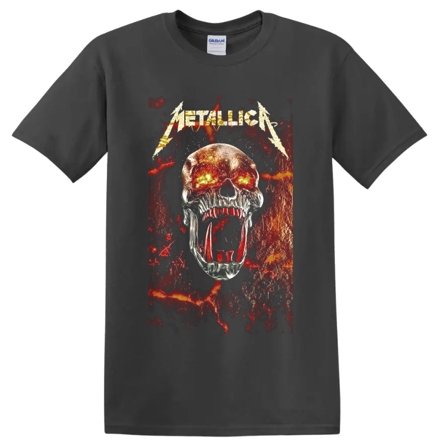 Metallica logo above a fiery-eyed skull in distressed red and black heavy metal art on a Charcoal T Shirt