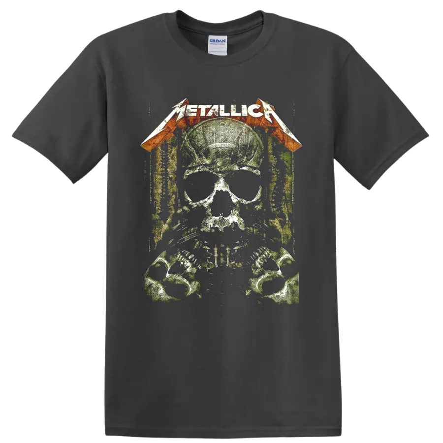 Metallica logo over distressed skull soldier with helmet, sunglasses, dog tags, and skulls on a Charcoal T Shirt
