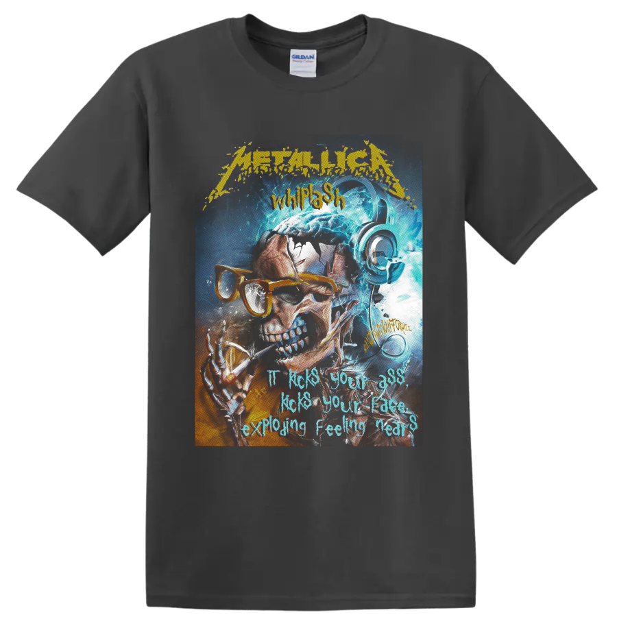 Metallica Whiplash skull in orange glasses and headphones with electric blue energy on a Charcoal T Shirt