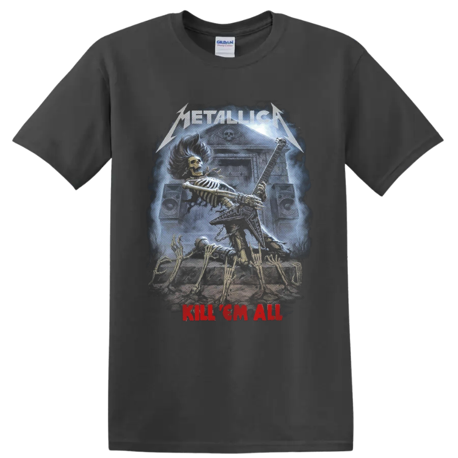 Metallica Kill 'Em All skeletal guitarist graphic with speakers and graveyard scene on a Charcoal T Shirt