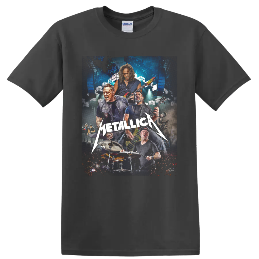Metallica live concert collage with musicians, guitars, drums, arena lights, and logo on a Charcoal T Shirt