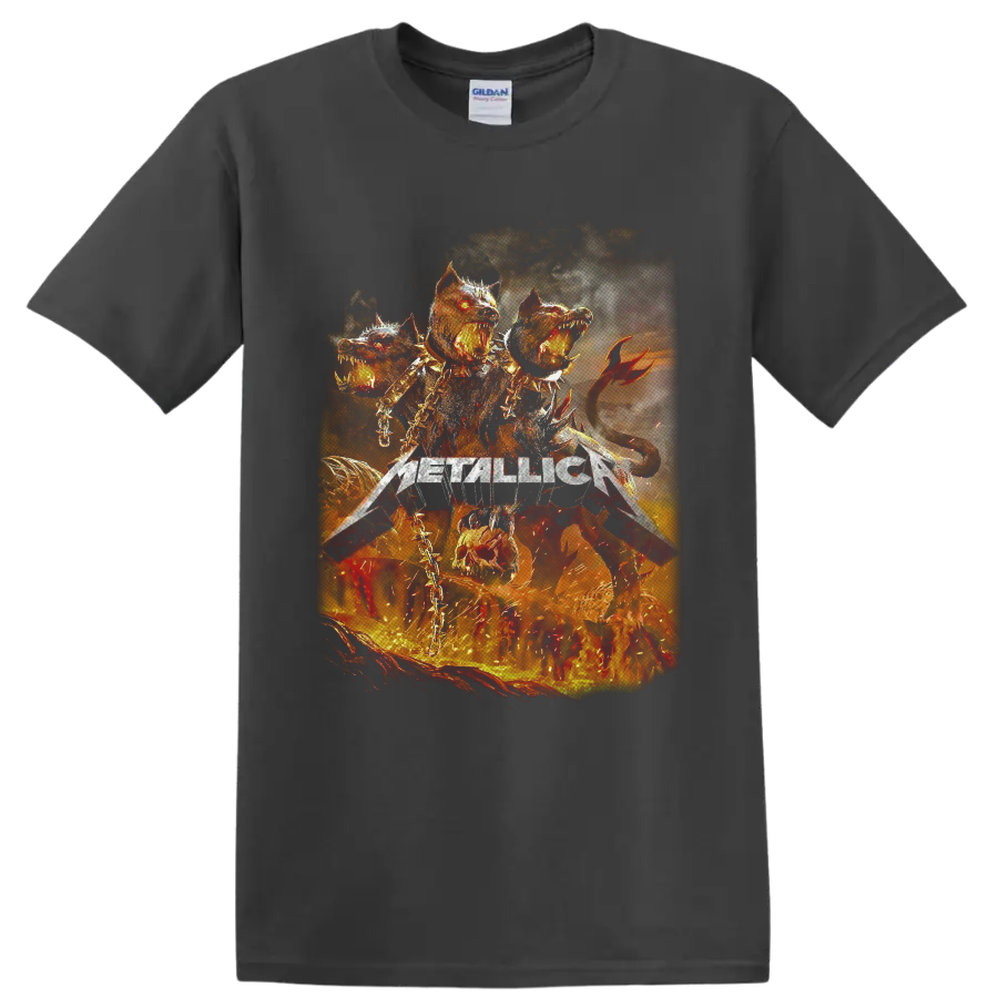 Metallica logo with fiery three-headed infernal hound, chains, spikes, and flames on a Charcoal T Shirt