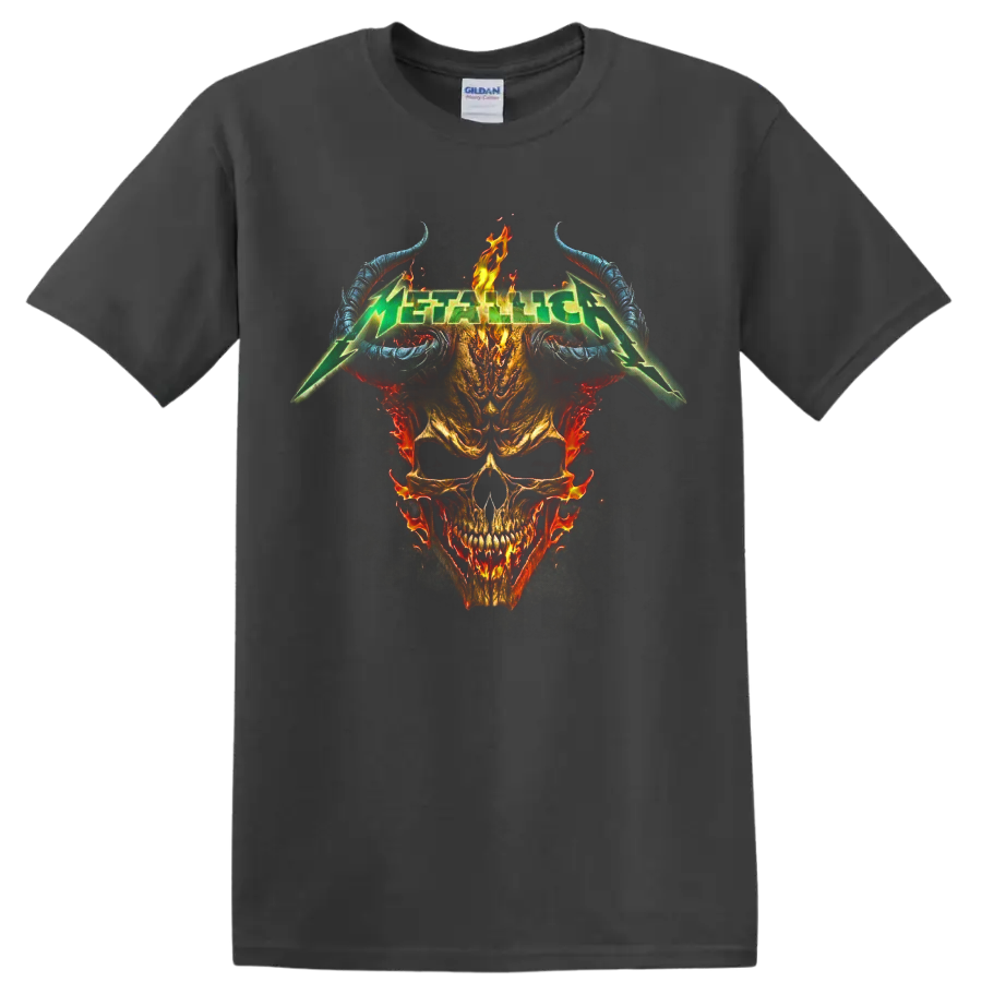 Metallica green logo over a flaming skull with curved blue horns and smoky metal artwork on a Charcoal T Shirt