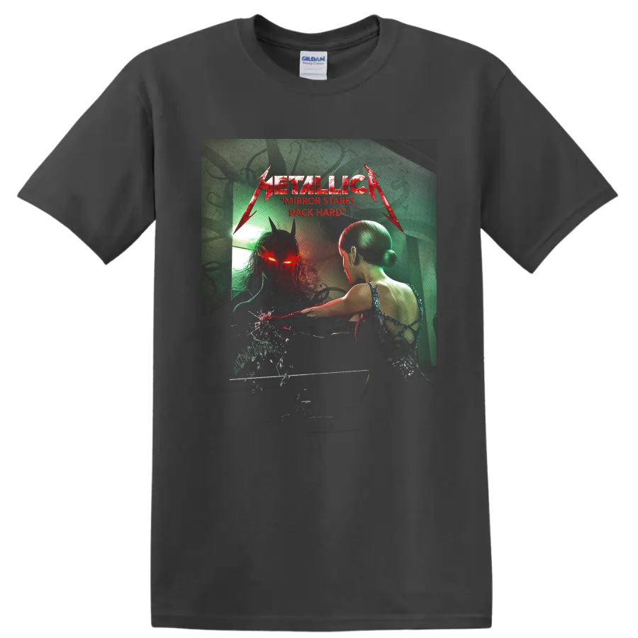Metallica Mirror Stares Back horror graphic with horned red-eyed mirror reflection on a Charcoal T Shirt