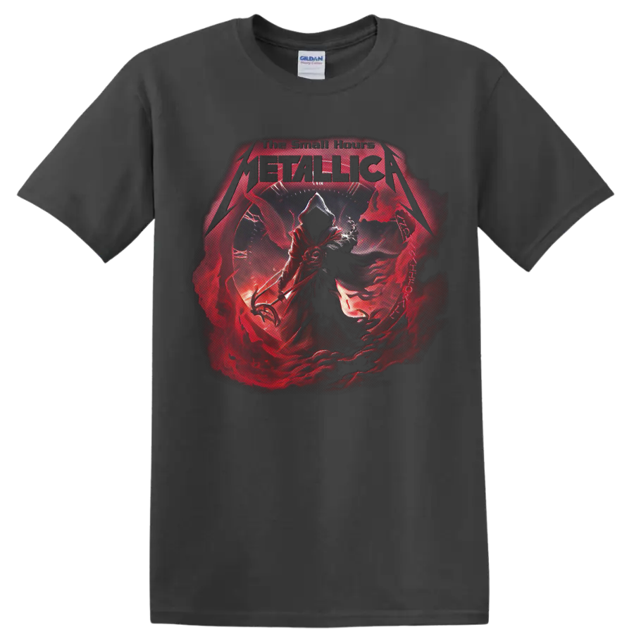 Metallica The Small Hours gothic grim reaper and red clock graphic on a Charcoal T Shirt