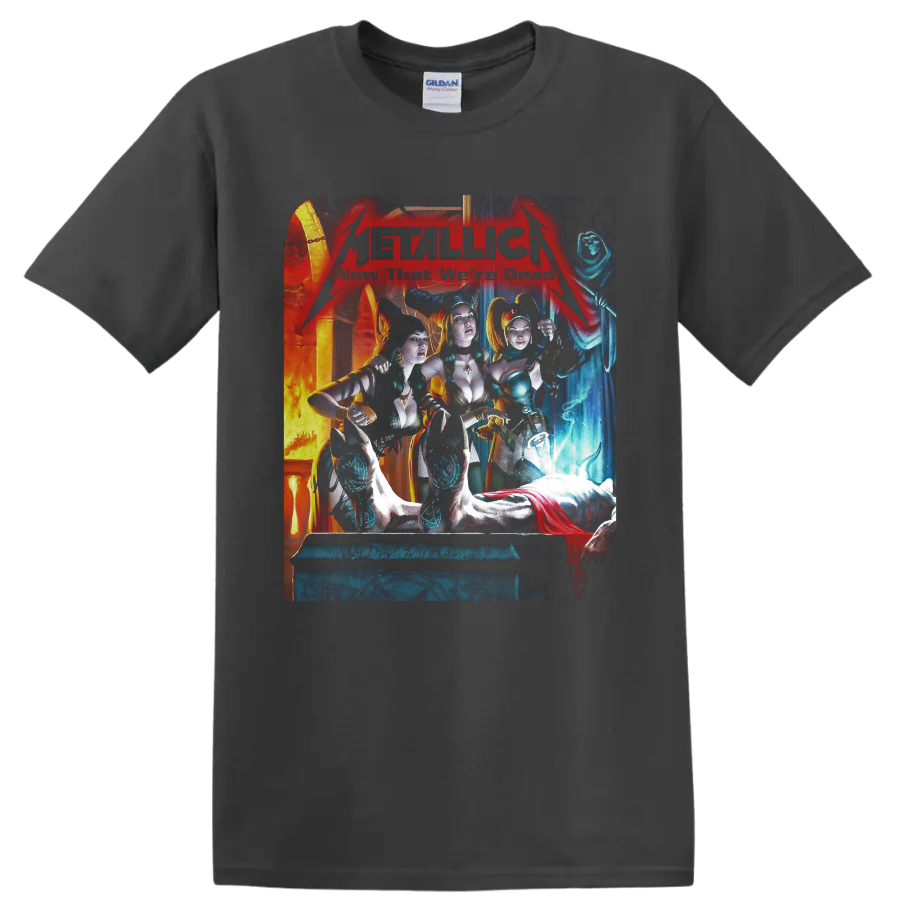 Metallica Kill 'Em All gothic horror artwork with horned women and a hooded skeleton on a Charcoal T Shirt