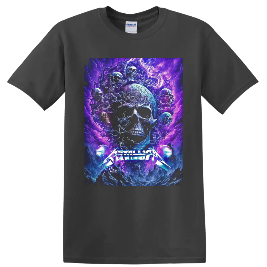 Metallica logo beneath psychedelic blue and purple skull cosmic artwork on a Charcoal T Shirt