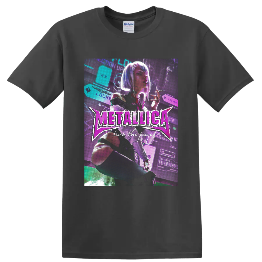 Metallica Turn the Page neon cyberpunk woman graphic with futuristic interface on a Charcoal T Shirt