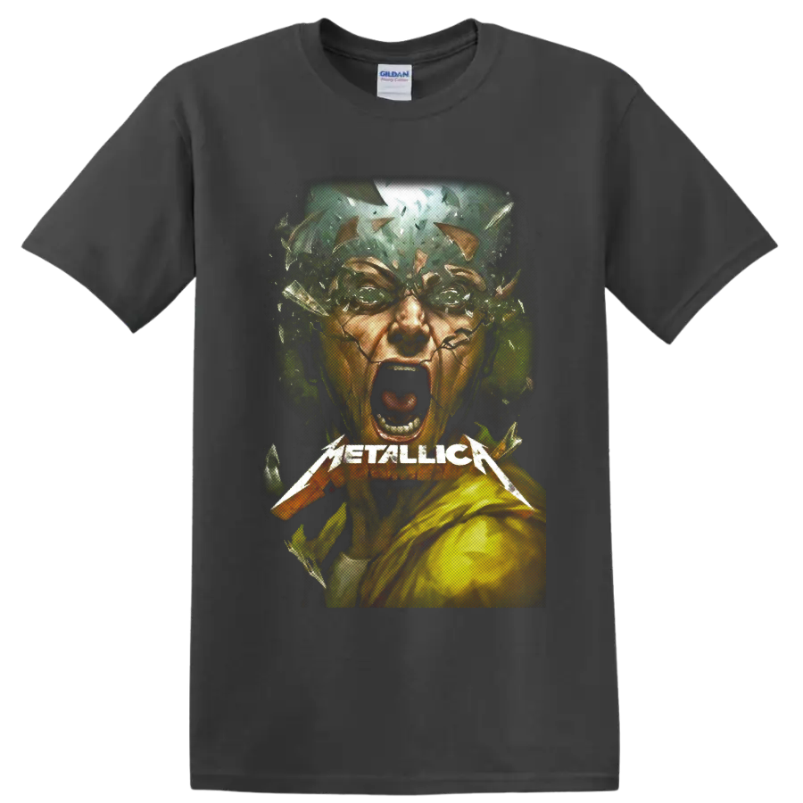Metallica wordmark over a screaming shattered face in distressed heavy metal artwork on a Charcoal T Shirt