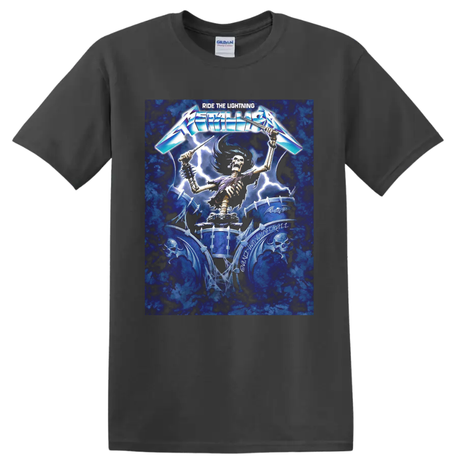 Metallica Ride the Lightning skeletal drummer graphic with lightning and spiked drums on a Charcoal T Shirt