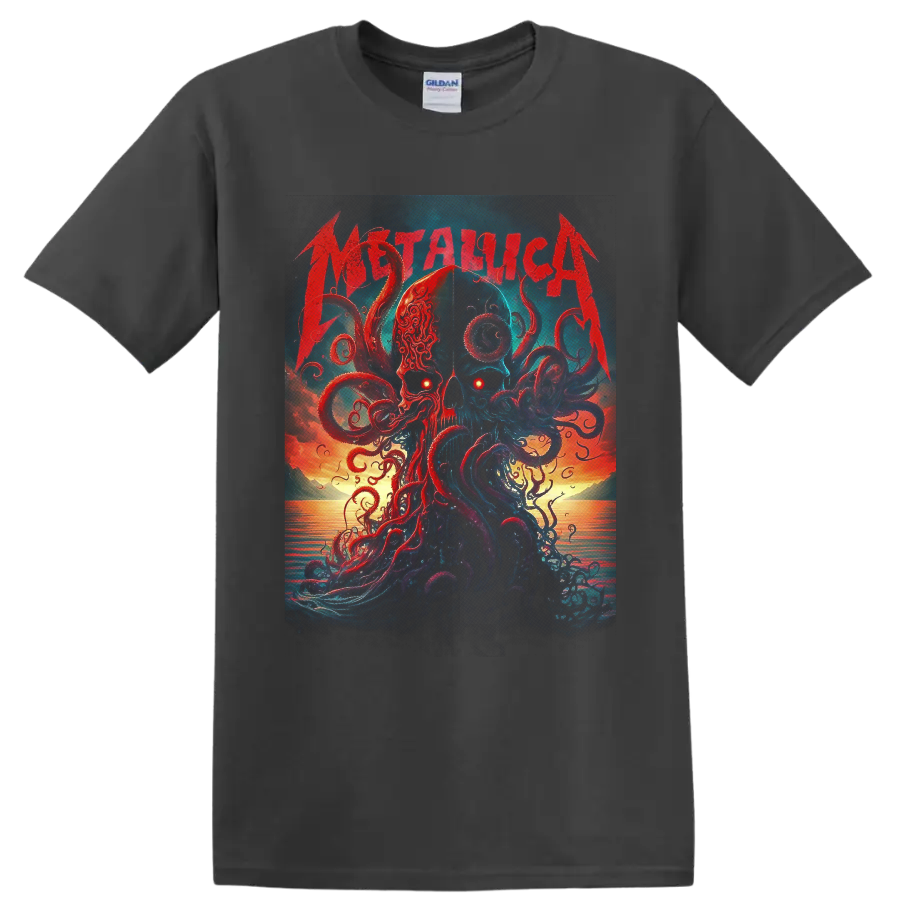 Metallica skull and kraken tentacle ocean sunset graphic in dark fantasy style on a Charcoal T Shirt