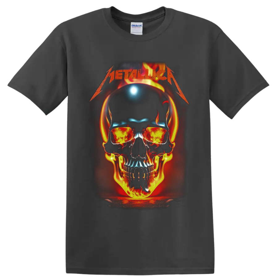 Metallica wordmark above a flaming skull with headphones and fiery sunglasses on a Charcoal T Shirt
