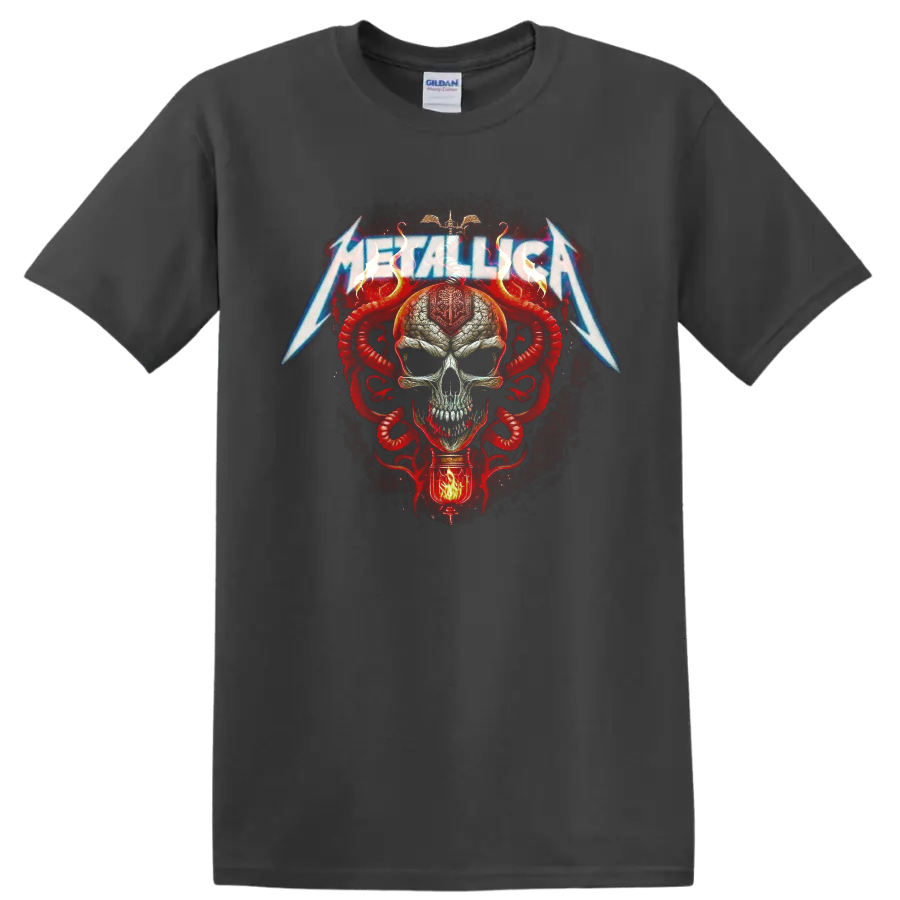 Metallica lightning logo over a skull with red serpents in gothic heavy metal art on a Charcoal T Shirt