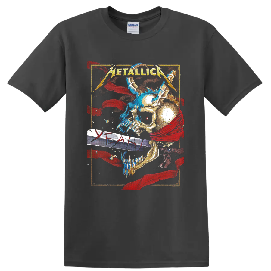 Metallica logo above skull and sword artwork with red banners and blue flame accents on a Charcoal T Shirt