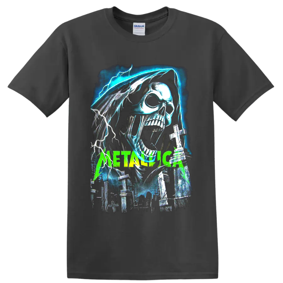 Metallica hooded skull with lightning, graveyard crosses, and neon green band lettering on a Charcoal T Shirt