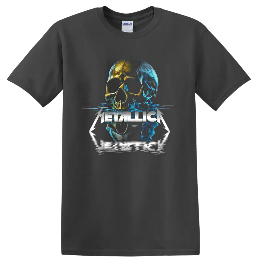 Metallica neon skull graphic with blue and gold reflections and sharp logo lettering on a Charcoal T Shirt