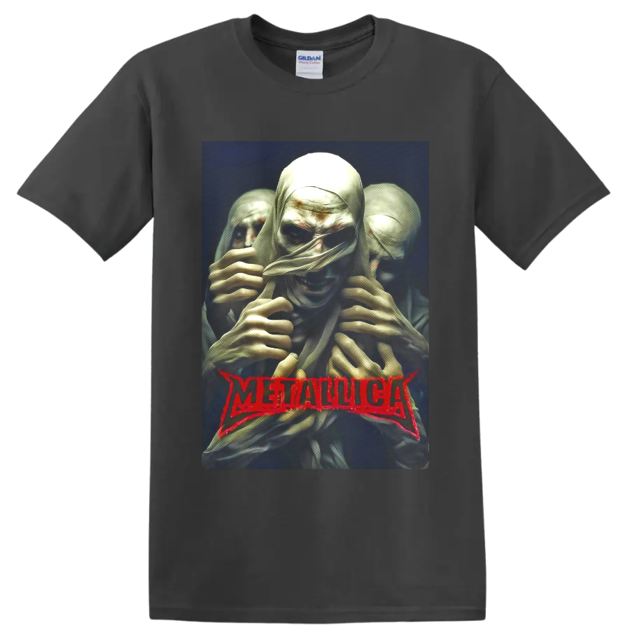 Metallica mummy horror art with three wrapped figures and red band logo on a Charcoal T Shirt