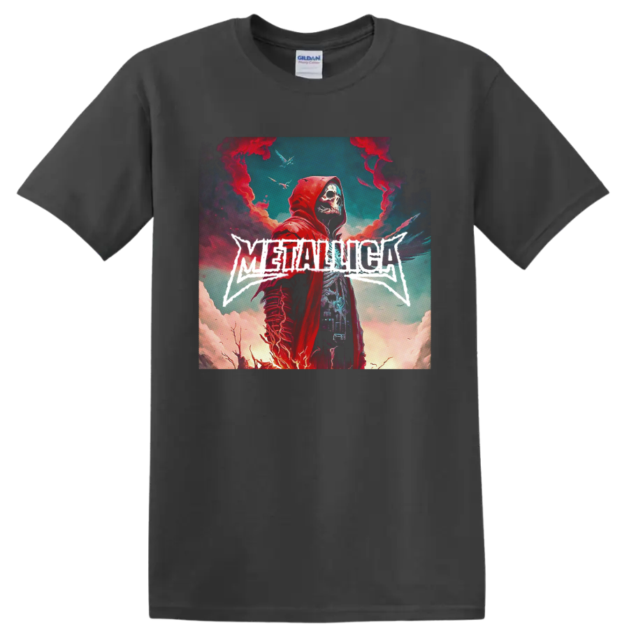 Metallica wordmark with red-hooded skull reaper in surreal smoky sky artwork on a Charcoal T Shirt