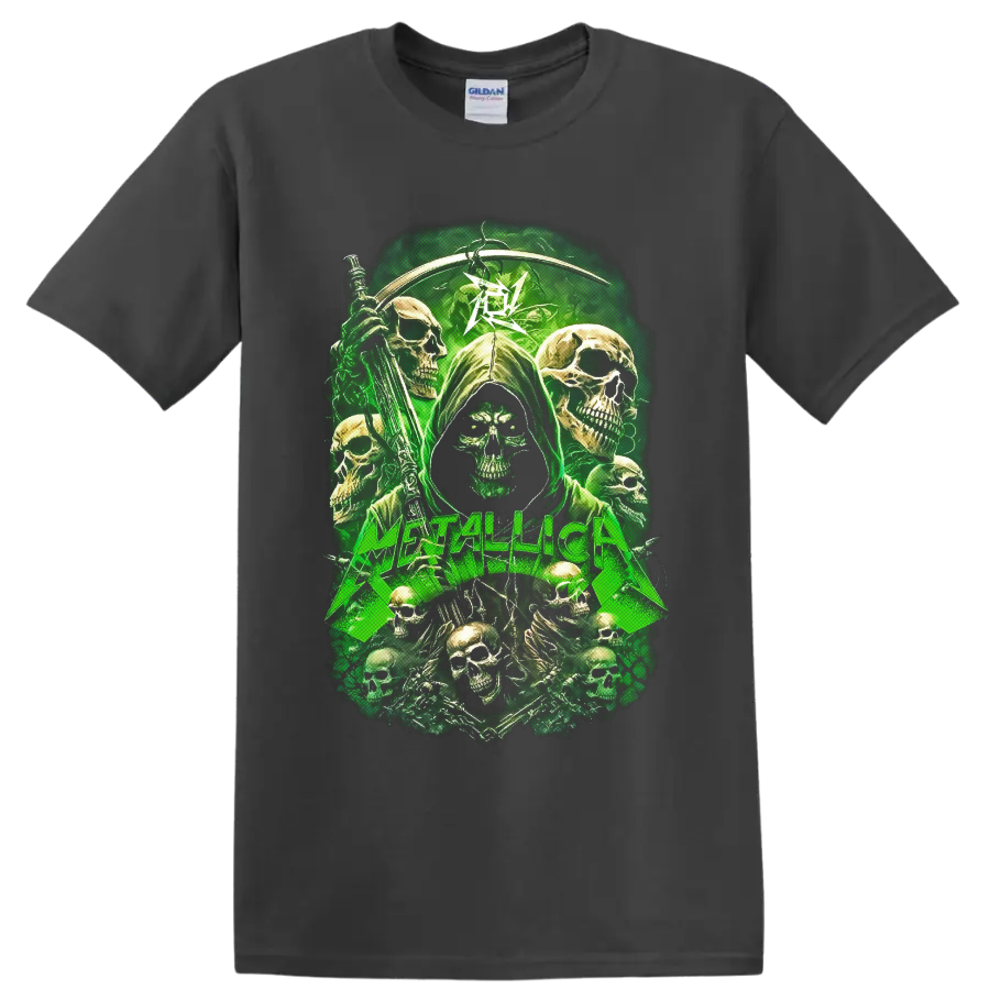 Metallica skull reaper graphic with scythe, green lightning, and surrounding skulls on a Charcoal T Shirt