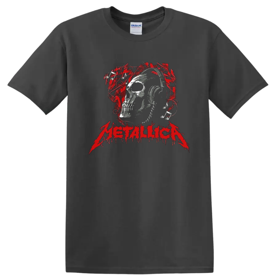 Metallica skull in headphones with red music notes and distressed heavy metal lettering on a Charcoal T Shirt