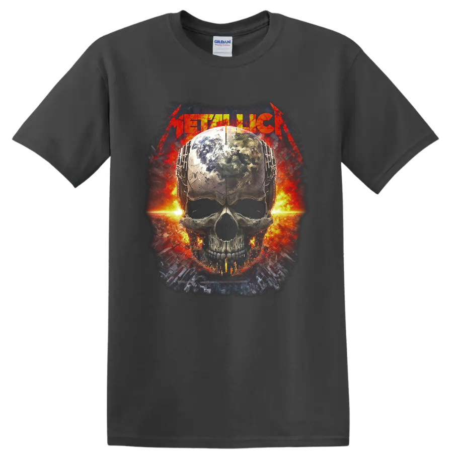 Metallica logo above a weathered globe-textured skull with fiery industrial artwork on a Charcoal T Shirt