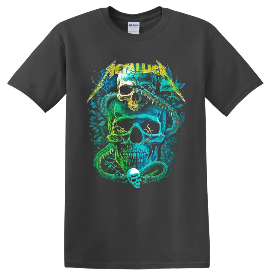 Metallica neon skull and coiled snake graphic with lightning-style band lettering on a Charcoal T Shirt