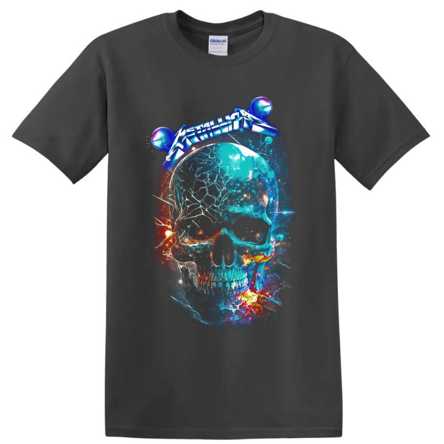 Metallica logo above an electric cosmic skull with planets, stars, and fiery space art on a Charcoal T Shirt